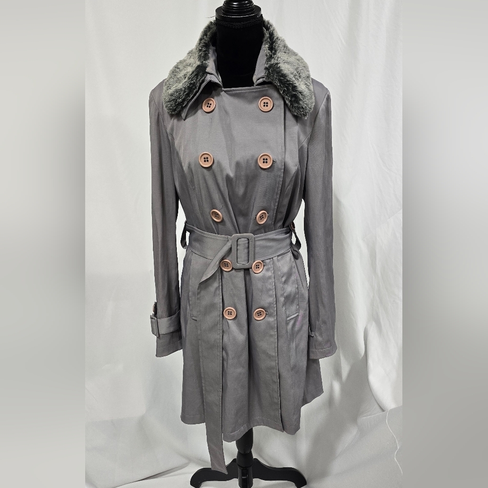 INC L belted trench coat jacket double breasted faux fur collar gorpcore grunge